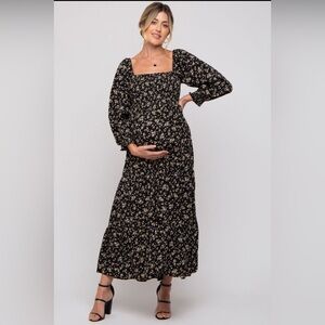 Black floral smocked long sleeve maternity maxi dress